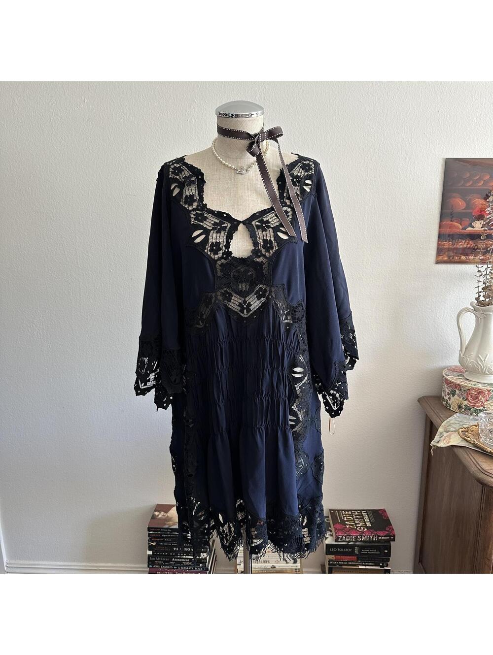 Chloe authentic navy blue flutter sleeve lace insert dress (new with tags)